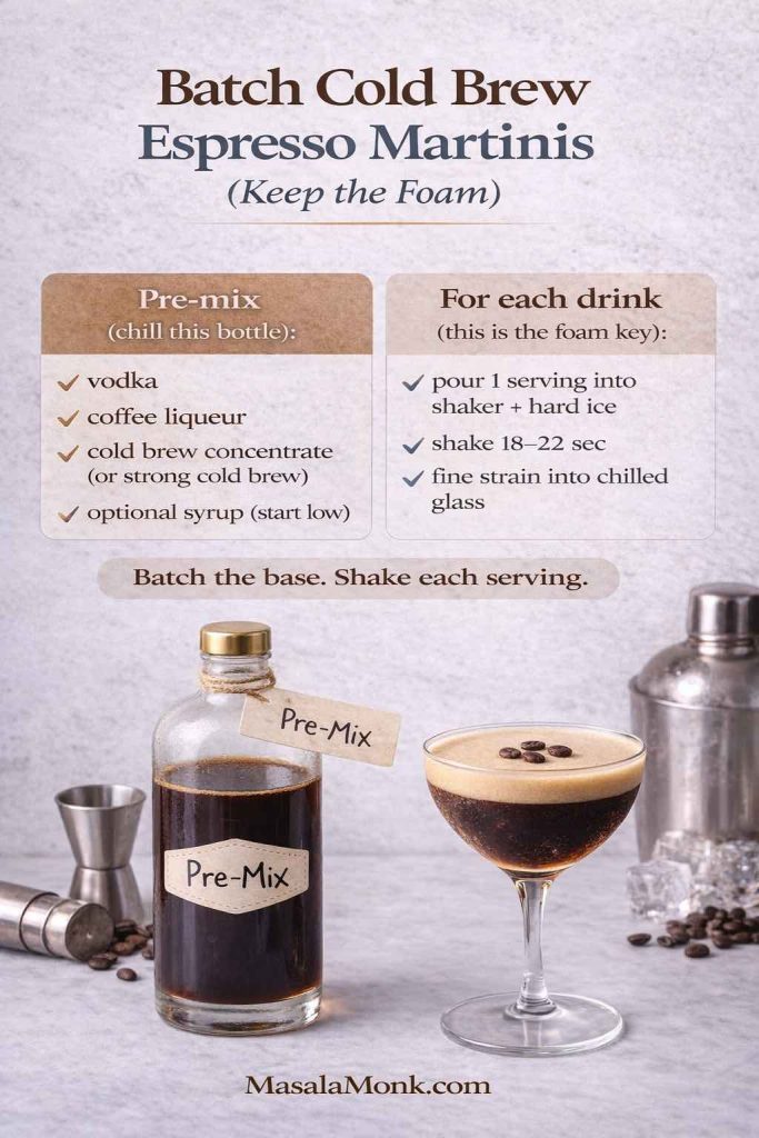 Batch cold brew espresso martinis infographic showing how to pre-mix vodka, coffee liqueur, and cold brew concentrate, then shake each serving with hard ice and fine strain to keep the foam.