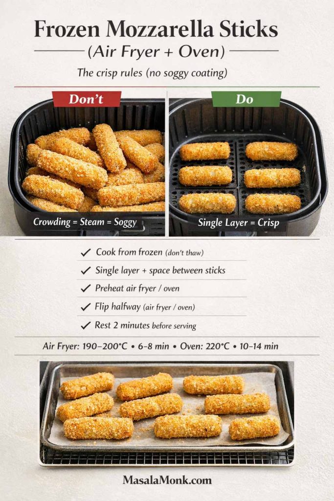 Infographic titled “Frozen Mozzarella Sticks (Air Fryer + Oven): The crisp rules (no soggy coating).” Side-by-side air fryer basket photos show “Don’t” overcrowd sticks (crowding causes steam and sogginess) versus “Do” cook in a single layer with space for crisp results. Checklist says: cook from frozen (don’t thaw), single layer with space, preheat air fryer/oven, flip halfway, rest 2 minutes. Bottom line lists times: air fryer 190–200°C for 6–8 minutes; oven 220°C for 10–14 minutes. MasalaMonk.com branding.