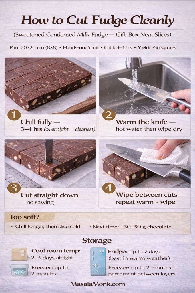 Step-by-step infographic titled “How to Cut Fudge Cleanly (Sweetened Condensed Milk Fudge — Gift-Box Neat Slices)”. Shows four photo steps: (1) chill fudge fully 3–4 hours (overnight cleanest), (2) warm knife with hot water then wipe dry, (3) cut straight down with no sawing, (4) wipe blade between cuts and repeat warm + wipe. Includes a “Too soft?” tip (chill longer and slice cold; next time add 30–50 g chocolate) plus storage guidance: cool room temperature 2–3 days airtight, fridge up to 7 days (best in warm weather), freezer up to 2 months with parchment between layers. MasalaMonk.com branding appears in the footer.