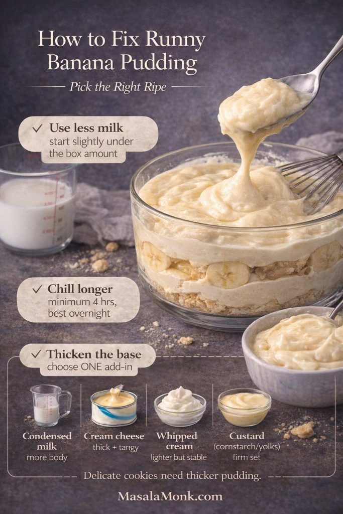 Infographic titled ‘How to Fix Runny Banana Pudding’ showing a spoon lifting loose banana pudding over a bowl. It lists three fixes: use slightly less milk than the pudding box amount, chill longer (minimum 4 hours, best overnight), and thicken the base by choosing one add-in—sweetened condensed milk, cream cheese, whipped cream, or a cooked custard with cornstarch/yolks. Note says delicate cookies need thicker pudding. MasalaMonk.com at bottom.
