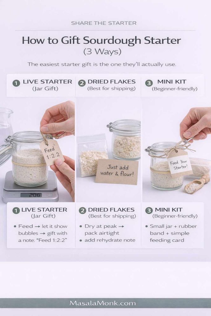 Vertical infographic titled “How to Gift Sourdough Starter (3 Ways)” with the header “Share the Starter.” Three panels show: 1) Live starter jar gift on a kitchen scale with a tag that says “Feed 1:2:2”; 2) Dried flakes in a small bag and jar with a note “Just add water & flour!”; 3) A mini kit with a small jar of starter and a tag “Feed Your Starter!” with a rubber band and simple items. A short checklist under each panel explains the steps. MasalaMonk.com appears in the footer.