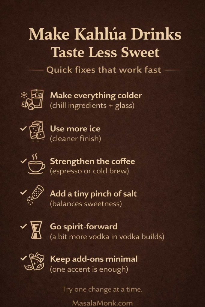 Infographic showing how to make Kahlúa drinks taste less sweet with quick fixes like chilling ingredients, using more ice, stronger coffee, a pinch of salt, and going spirit-forward.