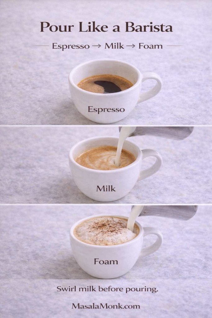 Three-panel cappuccino pouring guide showing espresso first, then milk, then foam, with a tip to swirl milk before pouring for a better cappuccino at home.