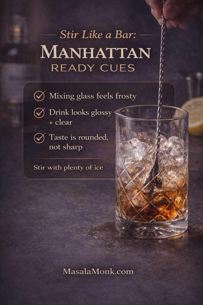 How to stir a Manhattan guide card showing Manhattan ready cues: frosty mixing glass, glossy clear drink, rounded taste, and reminder to stir with plenty of ice, MasalaMonk.com