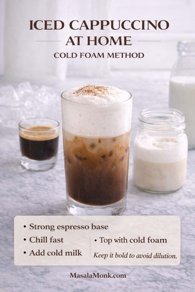 Iced cappuccino at home with cold foam in a tall glass, showing espresso and milk layers, plus text overlay with the cold foam method steps and MasalaMonk.com footer.