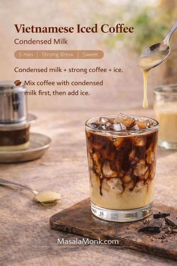 Recipe card for Vietnamese iced coffee with condensed milk, showing layered coffee over ice with condensed milk at the bottom and a spoon drizzling condensed milk.