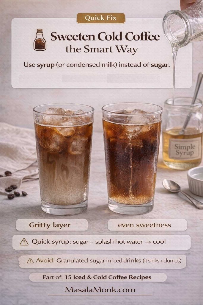 Tip card showing two iced coffees comparing sugar settling at the bottom versus simple syrup dissolving evenly, with advice to sweeten cold coffee using syrup and MasalaMonk.com branding.
