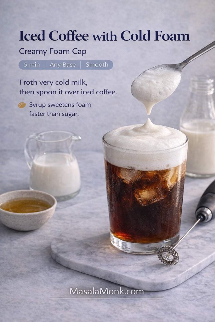 Recipe card of iced coffee topped with thick cold foam, showing milk frothing and spooning foam over iced coffee in a glass.