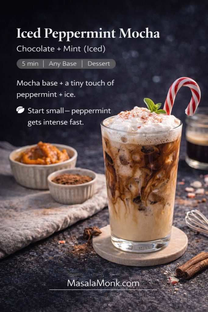 Recipe card for iced peppermint mocha showing an iced mocha topped with whipped cream and a candy cane stirrer, with chocolate and mint notes and MasalaMonk.com in the footer.