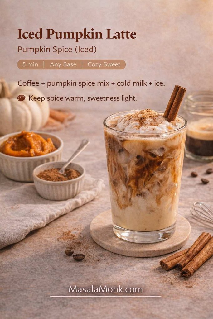 Recipe card for an iced pumpkin latte (pumpkin spice iced) showing a swirled iced latte topped with foam and cinnamon, with pumpkin purée and spices in the background.