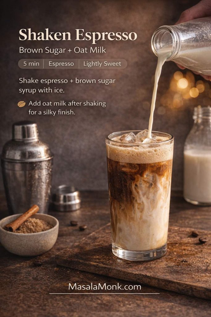 Recipe card for a homemade iced shaken espresso with brown sugar and oat milk, showing espresso shaken with ice and topped with oat milk in a tall glass.