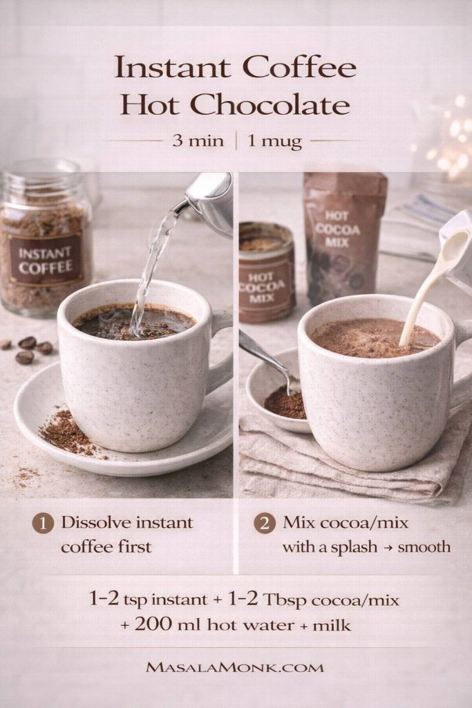 Instant coffee hot chocolate 3-minute recipe card showing hot water poured into a mug, cocoa mix stirred smooth, milk added, and a simple ratio for one mug.