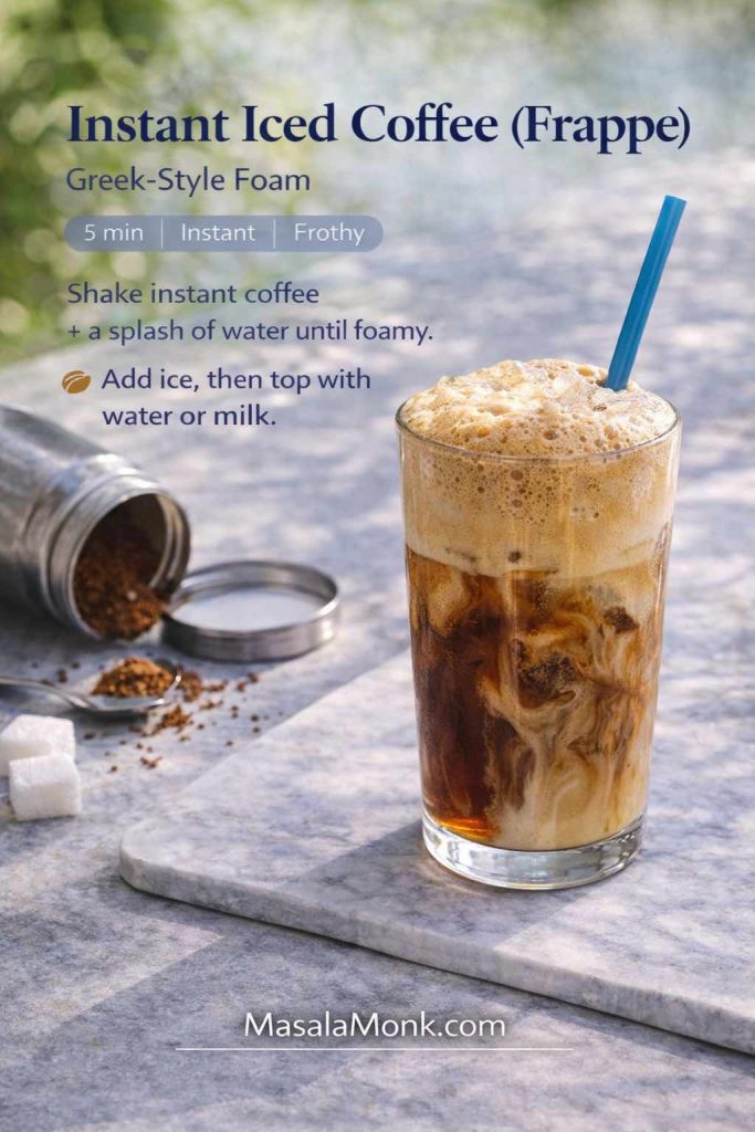 Recipe card for instant iced coffee (Greek-style frappe) showing a tall glass with thick foamy top, ice, and coffee layers, plus instant coffee and sugar cubes on the table.