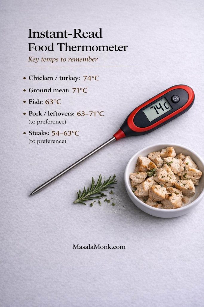 Infographic titled “Instant-Read Food Thermometer” listing key internal cooking temperatures in °C (chicken/turkey 74°C, ground meat 71°C, fish 63°C, pork/leftovers 63–71°C, steaks 54–63°C) beside a digital instant-read thermometer on a light stone surface, with MasalaMonk.com in the footer.