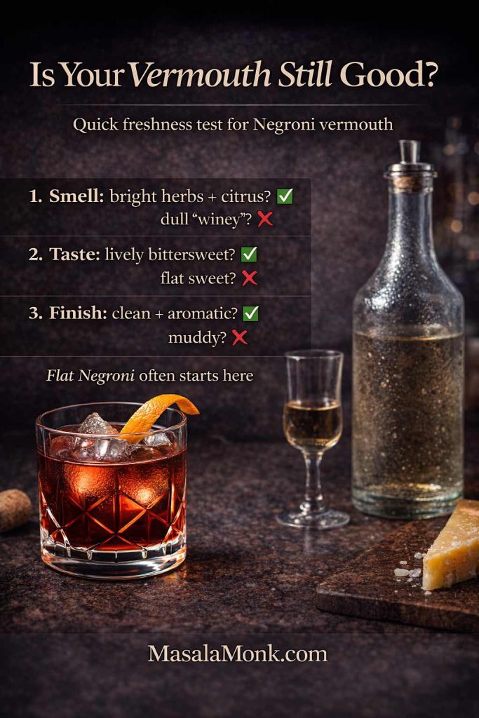 Is Your Vermouth Still Good freshness test graphic for Negroni vermouth, showing a Negroni and a chilled vermouth bottle with three checks: smell, taste, and finish.