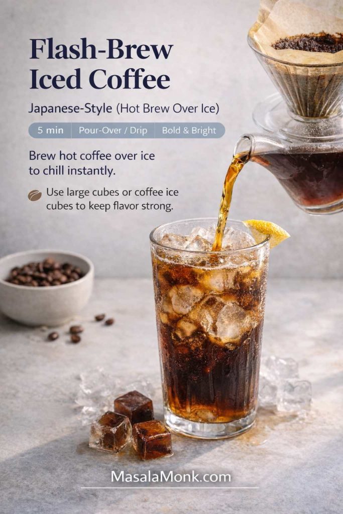 Recipe card showing Japanese-style flash-brew iced coffee made by brewing hot coffee over ice, with a pour-over dripper and a tall glass of iced coffee.