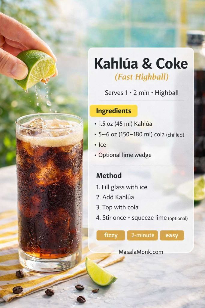 Kahlúa and Coke recipe card showing a fizzy highball over ice with a lime squeeze, including ingredients and quick steps.
