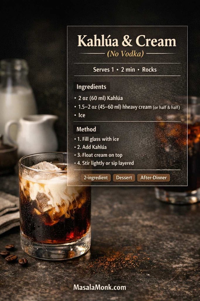 Kahlúa and cream drink recipe card (no vodka) showing a rocks glass with cream swirling into Kahlúa over ice, with ingredients and simple steps.