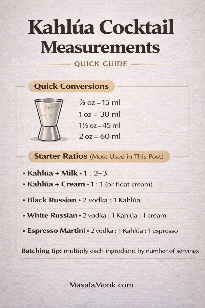Kahlúa cocktail measurements infographic with quick oz-to-ml conversions and starter ratios for Kahlúa drinks like White Russian, Black Russian, and Espresso Martini.
