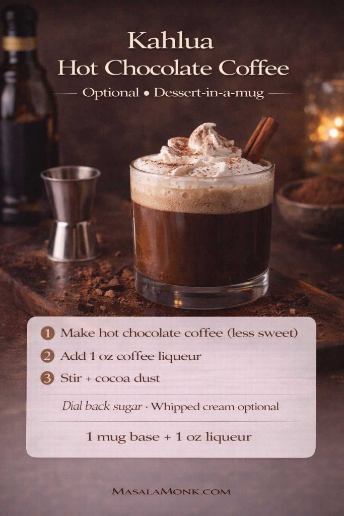 Kahlua hot chocolate coffee recipe card showing a creamy chocolate-coffee drink with whipped cream and cinnamon, plus steps to add 1 oz coffee liqueur and cocoa dust.