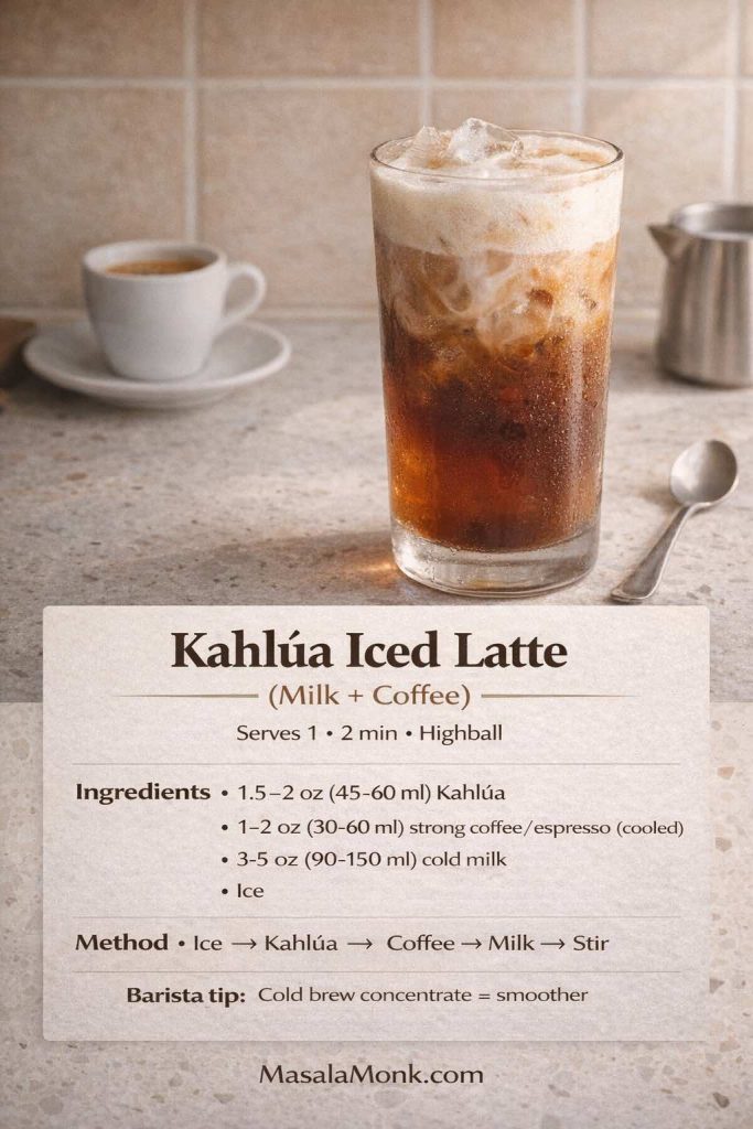 Kahlúa iced latte recipe card showing a highball glass with ice, Kahlúa, cooled coffee, and milk, plus ingredients and quick build method.