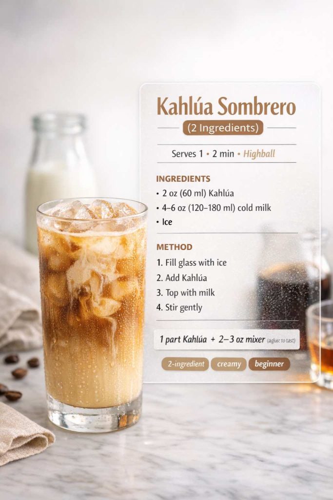 Kahlúa Sombrero recipe card showing a 2-ingredient Kahlúa and milk drink over ice with ingredients and step-by-step method.