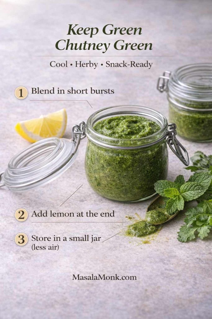 Keep green chutney green guide showing 3 tips: blend in short bursts, add lemon at the end, and store in a small jar to reduce air exposure.