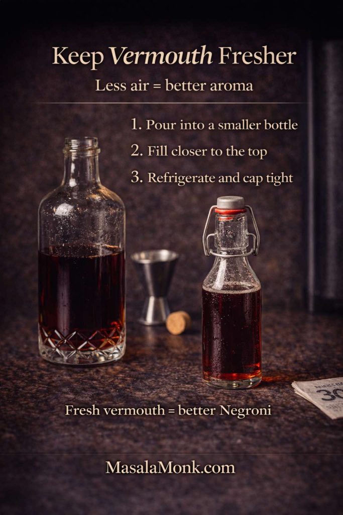 Keep Vermouth Fresher storage hack showing rebottling vermouth into a smaller swing-top bottle to reduce air exposure, with steps to fill near the top, refrigerate, and cap tight for better Negronis.