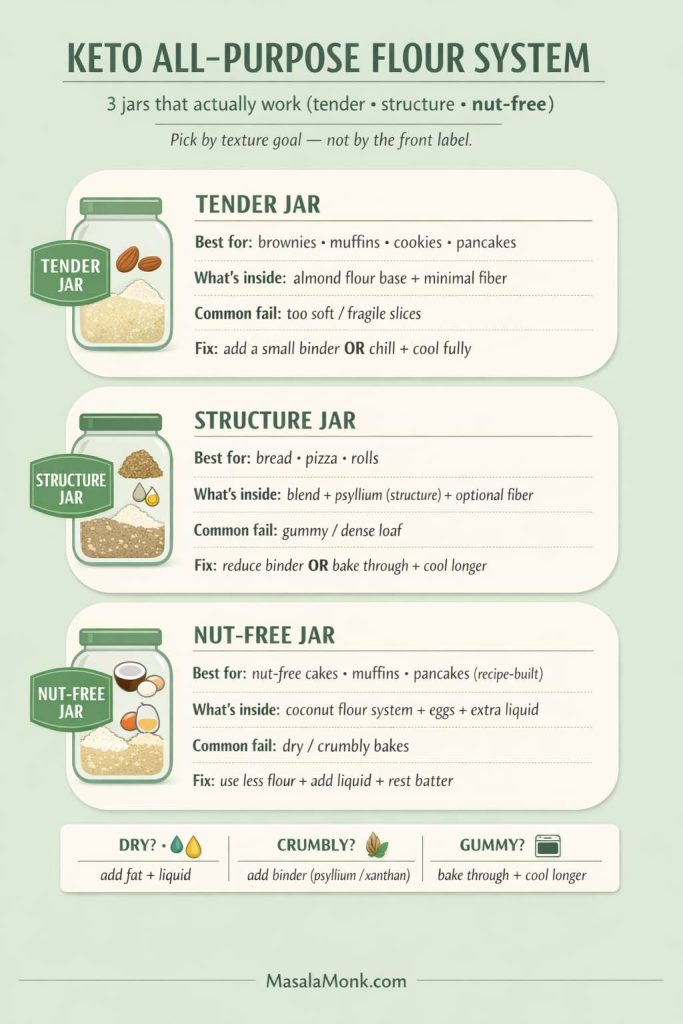 Infographic titled “Keto All-Purpose Flour System” showing 3 jars: Tender Jar (best for brownies, muffins, cookies, pancakes; almond flour base + minimal fiber; common fail fragile slices; fix add small binder or chill + cool fully), Structure Jar (best for bread, pizza, rolls; blend + psyllium + optional fiber; common fail gummy/dense; fix reduce binder or bake through + cool longer), and Nut-Free Jar (best for nut-free cakes, muffins, pancakes; coconut flour system + eggs + extra liquid; common fail dry/crumbly; fix use less flour + add liquid + rest batter). Bottom: dry add fat+liquid; crumbly add binder; gummy bake through + cool longer. MasalaMonk.com footer.
