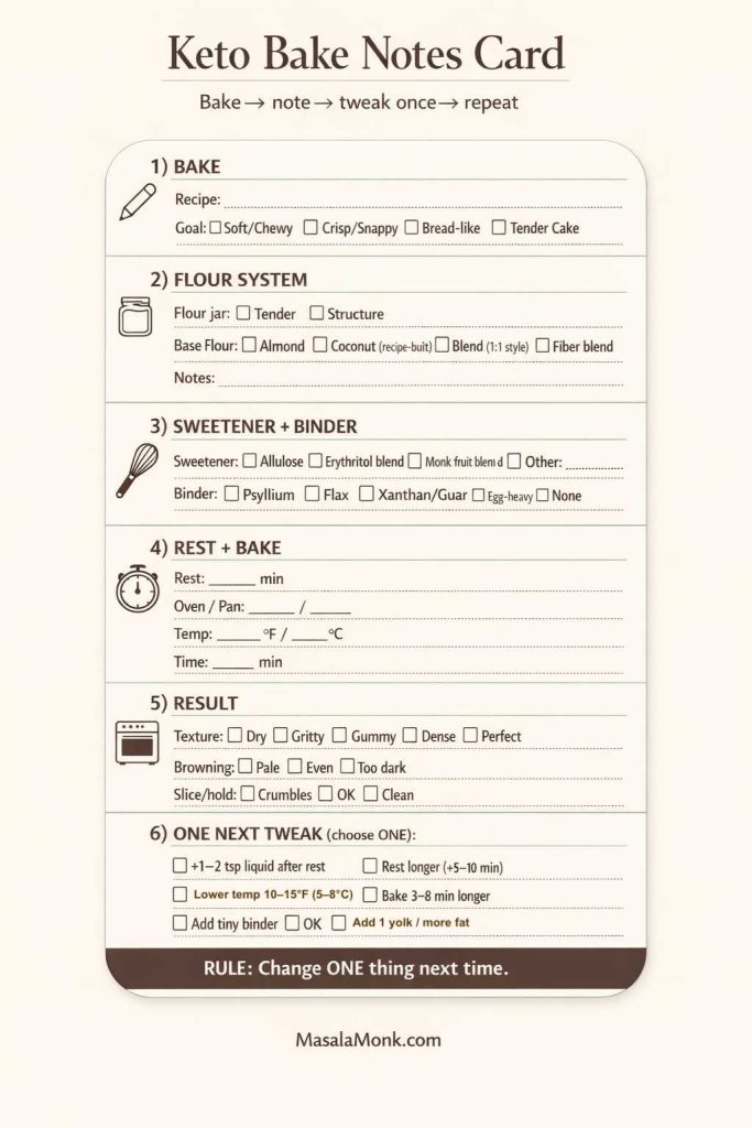 If keto bakes feel inconsistent, use this Keto Bake Notes Card like a tiny experiment log. Track your flour system (tender vs structure), sweetener, binder, rest time, and bake settings—then change one variable next time. This is the fastest way to dial in clean slices, better lift, and better texture with almond flour, coconut flour, and fiber-heavy blends.