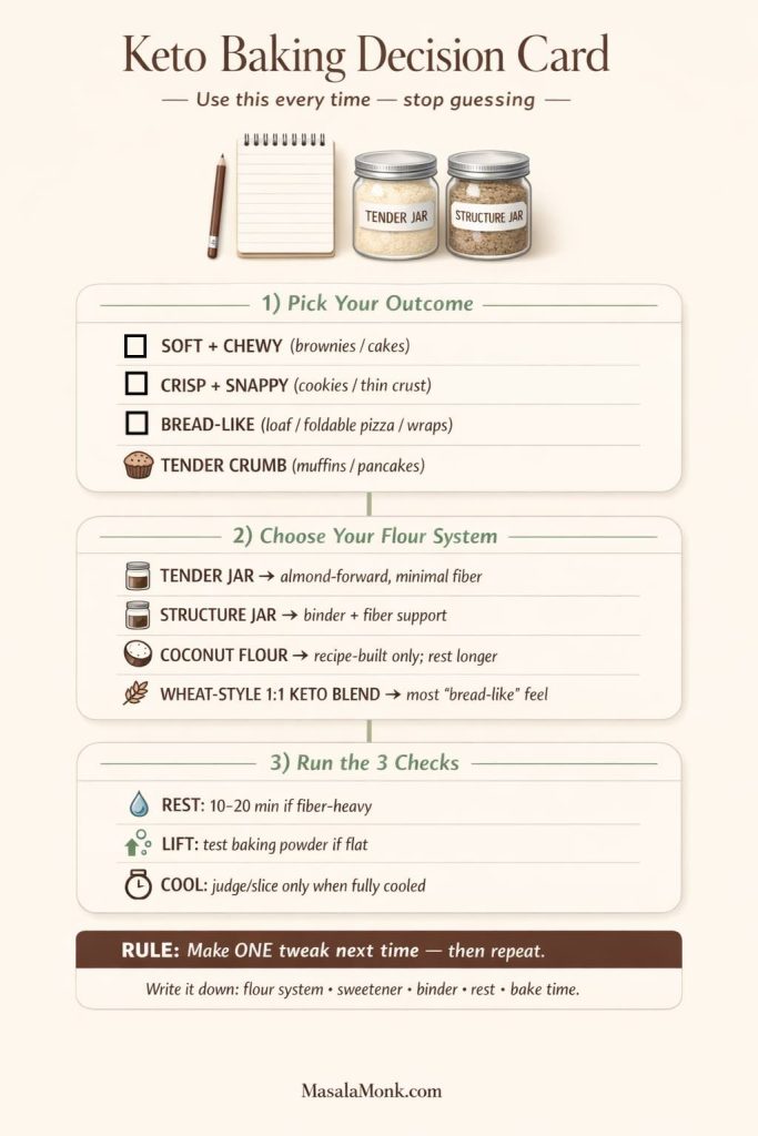 Infographic titled “Keto Baking Decision Card” showing a 3-step flow: pick bake outcome (soft/chewy, crisp/snappy, bread-like, tender crumb), choose flour system (tender jar almond-forward, structure jar with binder/fiber, coconut flour recipe-built, wheat-style 1:1 keto blend), then run 3 checks—rest 10–20 minutes if fiber-heavy, test baking powder for lift if flat, and judge only when fully cooled. MasalaMonk.com.