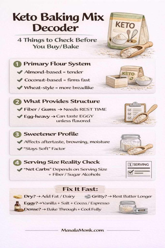 Vertical infographic titled “Keto Baking Mix Decoder” with a keto flour bag illustration and the subtitle “4 Things to Check Before You Buy/Bake.” Four numbered panels explain: (1) Primary flour system—almond-based = tender, coconut-based = firms fast, wheat-style = more breadlike; (2) What provides structure—fiber/gums need rest time; egg-heavy can taste eggy unless flavored; (3) Sweetener profile—affects aftertaste, browning, moisture, and “stays soft” factor; (4) Serving size reality check—net carbs depend on serving size plus fiber/sugar alcohols. Bottom “Fix It Fast” strip: Dry add fat/dairy; Gritty rest batter longer; Eggy add vanilla + salt + cocoa/espresso; Dense bake through + cool fully. MasalaMonk.com at the footer.