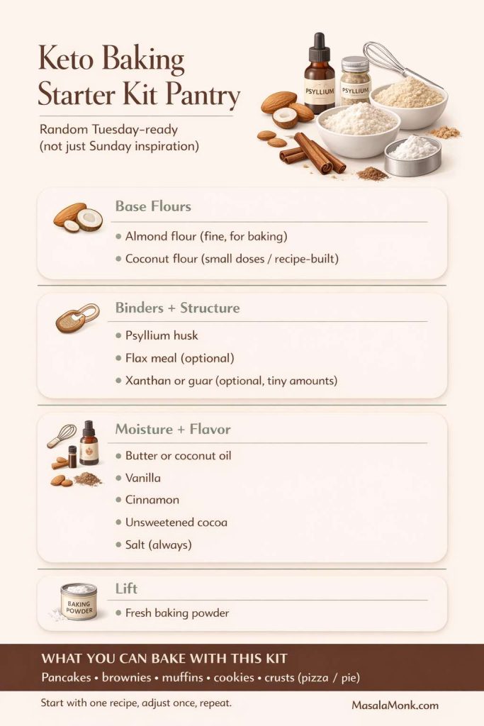 Infographic titled “Keto Baking Starter Kit Pantry” showing a simple pantry checklist: base flours (almond flour, coconut flour), binders/structure (psyllium husk, optional flax meal, optional xanthan or guar), moisture and flavor (butter or coconut oil, vanilla, cinnamon, unsweetened cocoa, salt), and lift (fresh baking powder). Bottom line: “What you can bake with this kit—pancakes, brownies, muffins, cookies, crusts (pizza/pie).” MasalaMonk.com.