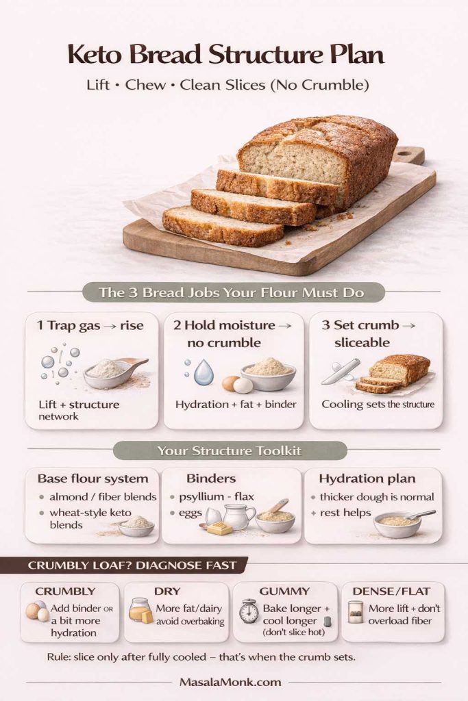Keto Bread Structure Plan infographic showing a sliced keto sandwich loaf and a simple framework for better texture: three bread jobs (trap gas for rise, hold moisture to prevent crumble, set crumb for sliceable loaf after cooling). Includes a structure toolkit (base flour systems like almond/fiber/wheat-style keto blends; binders such as psyllium, flax, eggs; hydration with rest time; bake through and cool 60–120 minutes). Bottom troubleshooting strip covers crumbly, dry, gummy, and dense/flat loaves with quick fixes. MasalaMonk.com.