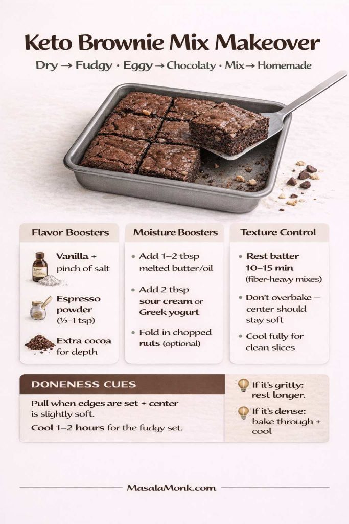 Vertical infographic titled “Keto Brownie Mix Makeover.” Shows a brownie pan photo and three columns: Flavor Boosters (vanilla + pinch of salt, espresso powder ½–1 tsp, extra cocoa), Moisture Boosters (1–2 tbsp melted butter/oil, 2 tbsp sour cream or Greek yogurt, optional chopped nuts), and Texture Control (rest batter 10–15 min, don’t overbake, cool fully). Bottom section lists doneness cues and quick fixes.