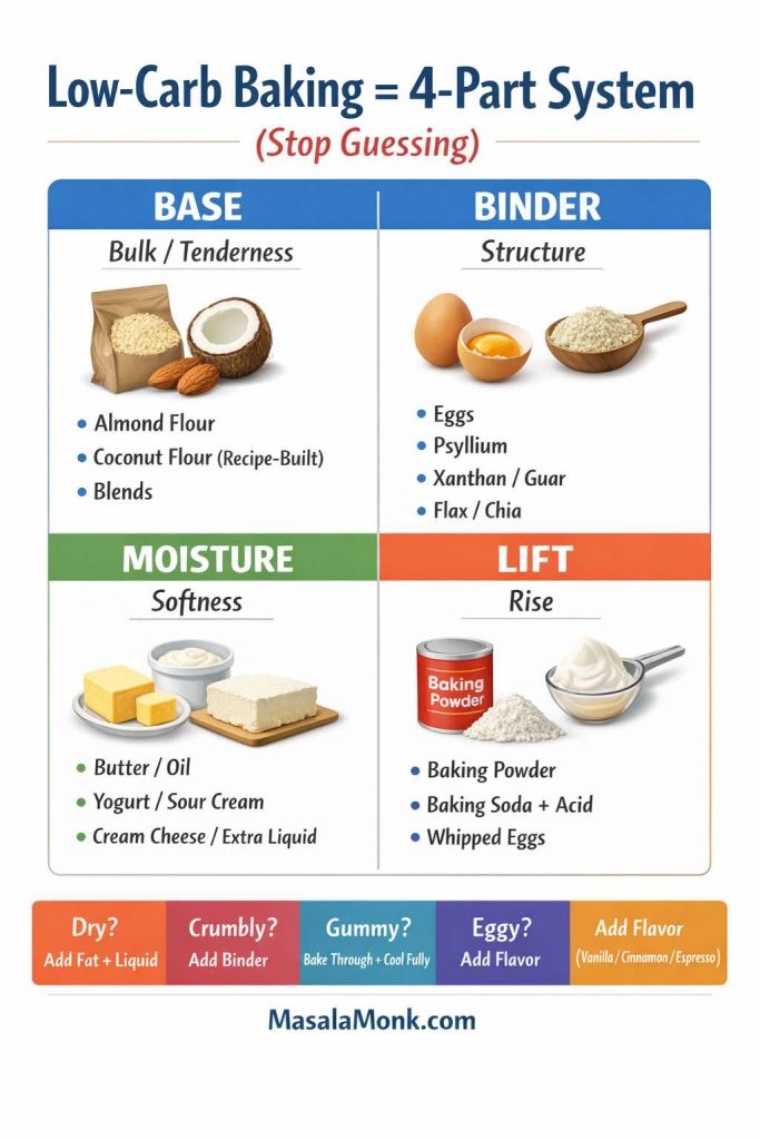 Infographic titled “Low-Carb Baking = 4-Part System (Stop Guessing).” A 2x2 grid explains the keto flour “system”: Base (almond flour, coconut flour—recipe-built, blends) for bulk/tenderness; Binder (eggs, psyllium, xanthan/guar, flax/chia) for structure; Moisture (butter/oil, yogurt/sour cream, cream cheese/extra liquid) for softness; Lift (baking powder, baking soda + acid, whipped eggs) for rise. Bottom strip shows quick fixes for dry, crumbly, gummy, and eggy results. MasalaMonk.com footer.