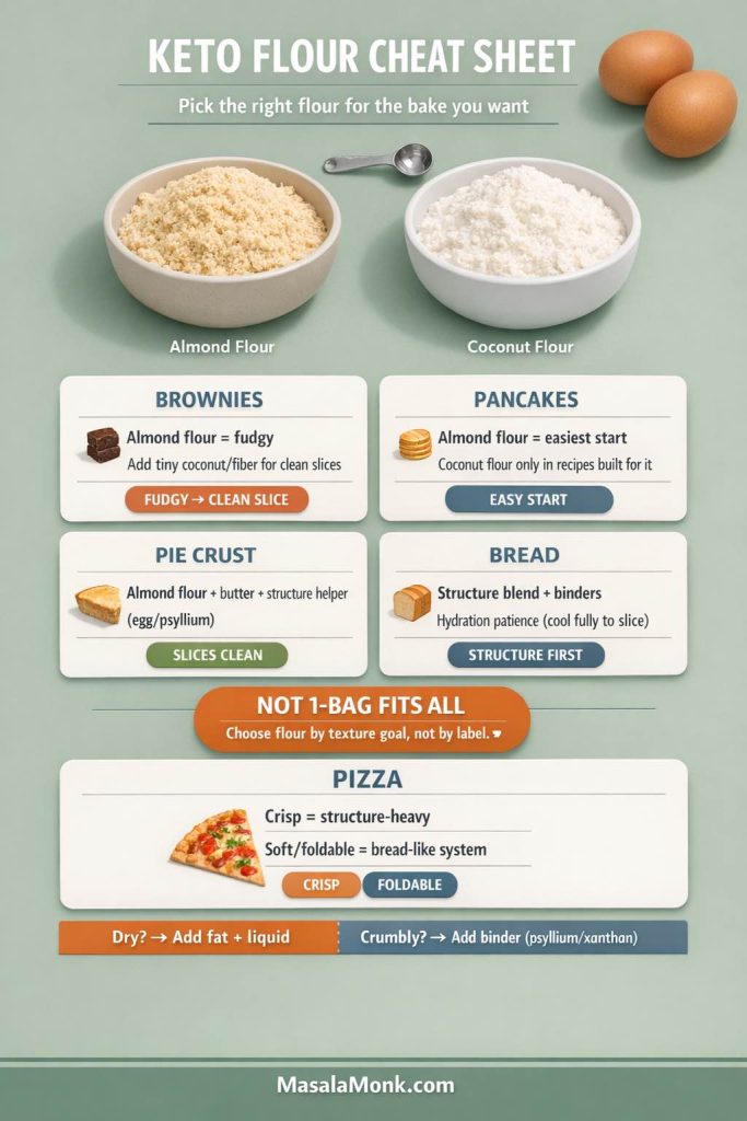 Keto flour cheat sheet comparing almond flour and coconut flour for baking. Shows two bowls labeled almond flour and coconut flour with guidance for brownies, pancakes, pie crust, bread, and pizza. Notes almond flour works well for fudgy brownies and easy-start pancakes, while coconut flour is best only in recipes built for it. Reminds flours aren’t one-bag-fits-all and gives fixes: dry add fat/liquid, crumbly add binder like psyllium or xanthan.