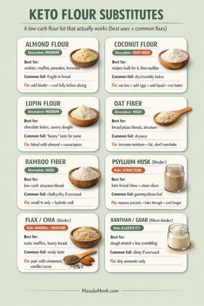 Keto flour substitutes infographic comparing almond flour, coconut flour, lupin flour, oat fiber, bamboo fiber, psyllium husk, flax/chia, and xanthan/guar. Each card lists absorption or role, best uses, common baking failures (dry, crumbly, gummy, strong taste), and quick fixes like adding eggs/liquid, resting batter, measuring binders carefully, and cooling fully before slicing. MasalaMonk.com footer.