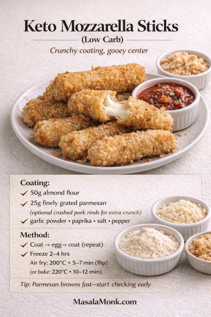 Recipe-card image titled “Keto Mozzarella Sticks (Low Carb)” showing crispy coated mozzarella sticks with a cheese pull and marinara, plus bowls of almond flour and finely grated parmesan. Text lists keto coating ingredients (50g almond flour, 25g parmesan, optional crushed pork rinds, garlic powder, paprika, salt, pepper) and method: coat → egg → coat (repeat), freeze 2–4 hours, air fry 200°C for 5–7 minutes (flip) or bake 220°C for 10–12 minutes; tip notes parmesan browns fast so start checking early. MasalaMonk.com branding.