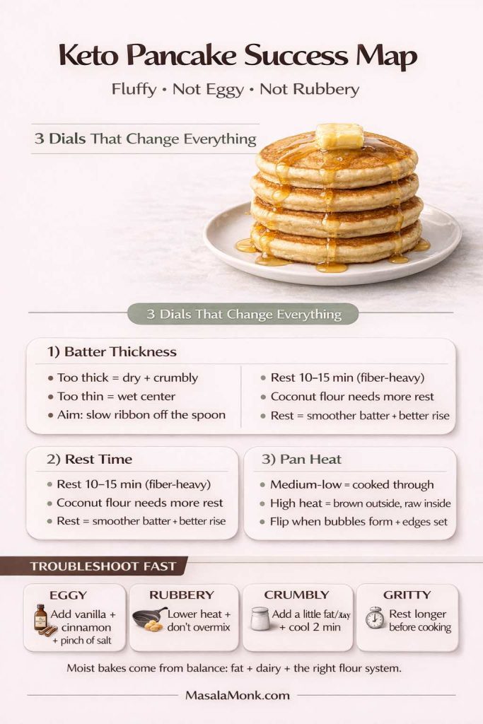 “Keto Pancake Success Map” infographic showing a stack of keto pancakes with butter and syrup. It explains 3 key dials: batter thickness (too thick = dry/crumbly, too thin = wet center; aim for slow ribbon), rest time (10–15 minutes; coconut flour needs more), and pan heat (medium-low; flip when bubbles form and edges set). Includes troubleshoot fixes for eggy, rubbery, crumbly, and gritty pancakes. MasalaMonk.com.