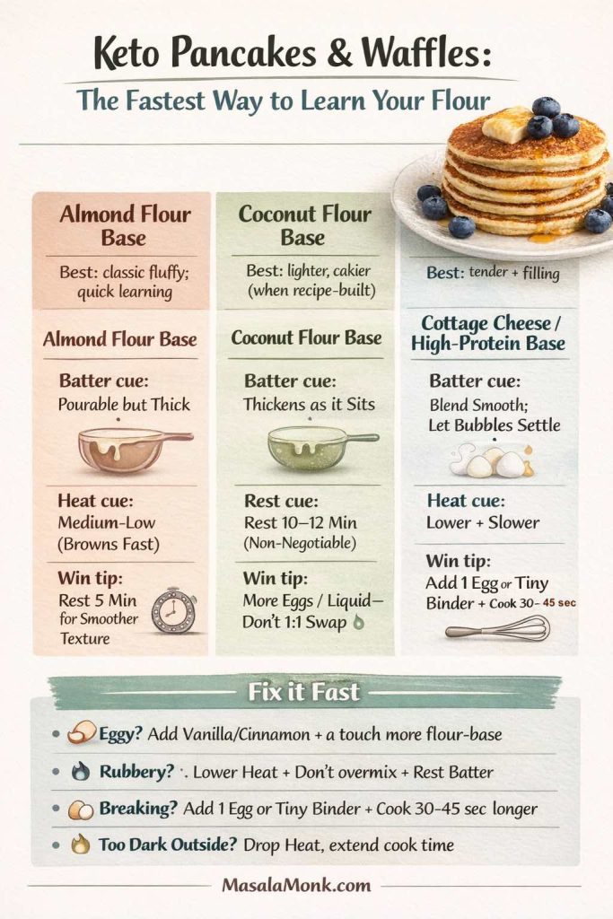 Infographic titled “Keto Pancakes & Waffles: The Fastest Way to Learn Your Flour” comparing three bases: almond flour (pourable but thick; medium-low heat; browns fast), coconut flour (thickens as it sits; rest 10–12 minutes; not a 1:1 swap; needs more eggs/liquid), and cottage cheese/high-protein (blend smooth; lower, slower heat; add 1 egg or tiny binder). Includes “Fix it fast” tips for eggy, rubbery, breaking, and too-dark results. MasalaMonk.com footer.