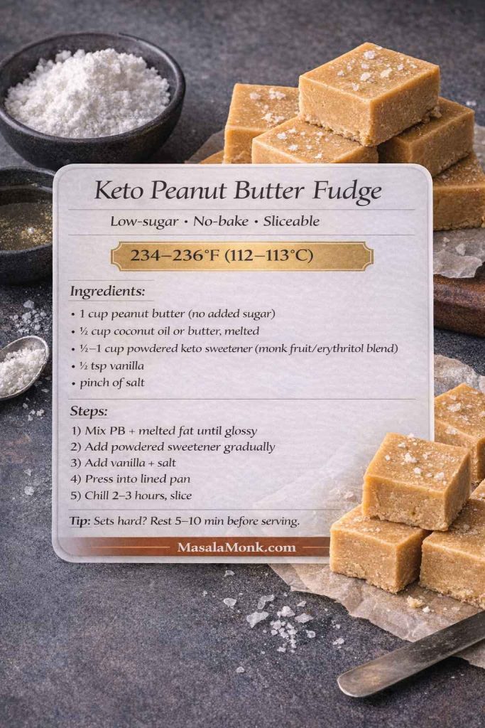 Photorealistic recipe card for keto peanut butter fudge (low-sugar, no-bake, sliceable). Shows ingredients: peanut butter with no added sugar, melted coconut oil or butter, powdered keto sweetener (monk fruit/erythritol blend), vanilla, and salt. Includes steps to mix until glossy, add sweetener, press into a lined pan, chill 2–3 hours, and slice, plus a tip to rest pieces 5–10 minutes if they set hard. MasalaMonk.com branding.