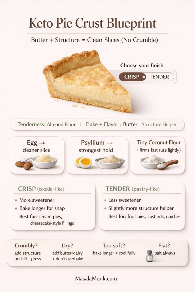 Vertical infographic titled “Keto Pie Crust Blueprint” with subtitle “Butter + Structure = Clean Slices (No Crumble).” Shows a slice of pie and a crisp vs tender finish toggle. Explains almond flour for tenderness, butter for flake and flavor, plus structure helpers: egg for cleaner slices, psyllium for strongest hold, and a tiny amount of coconut flour to firm quickly. Includes crisp (cookie-like) vs tender (pastry-like) tips, best-use notes, and troubleshooting: crumbly add structure or chill and press; dry add butter/dairy and don’t overbake; too soft bake longer and cool fully; flat add salt. MasalaMonk.com footer.