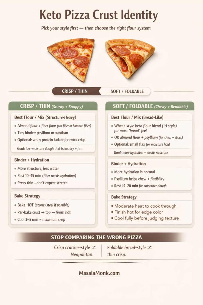 Keto Pizza Crust Identity infographic comparing two styles. Left: CRISP/THIN crust with best flour mix (almond flour + fiber flour like oat or bamboo fiber, psyllium or xanthan, optional whey protein isolate), binder/hydration tips, and hot bake strategy with par-bake and cooling for crisp. Right: SOFT/FOLDABLE crust with wheat-style keto flour blend (1:1 style) or almond flour + psyllium, higher hydration, rest time, and moderate bake approach. Footer: MasalaMonk.com.
