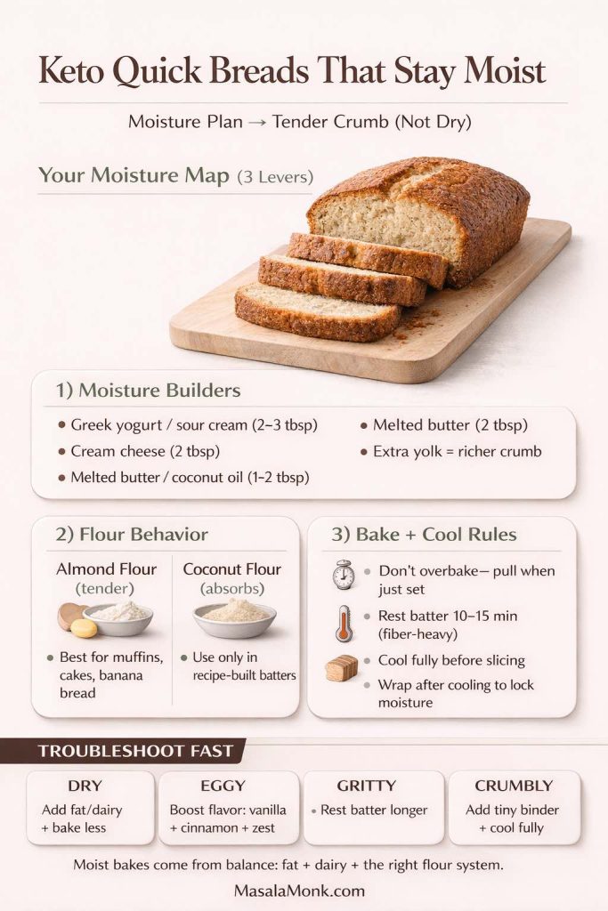 Vertical infographic titled “Keto Quick Breads That Stay Moist.” Shows a sliced keto quick bread loaf and a “Moisture Map” with three levers: moisture builders (Greek yogurt/sour cream, cream cheese, butter/coconut oil, extra yolk), flour behavior (almond flour is tender; coconut flour absorbs and works best in recipe-built batters), and bake + cool rules (don’t overbake, rest batter 10–15 minutes, cool fully, wrap after cooling). Bottom troubleshoot boxes: dry, eggy, gritty, crumbly.