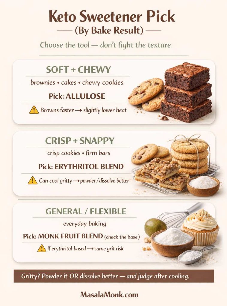 “Keto Sweetener Pick (By Bake Result)” infographic showing three choices for low carb baking: Allulose for soft and chewy bakes like brownies, cakes, and chewy cookies (browns faster—use slightly lower heat); Erythritol blend for crisp, snappy cookies and firm bars (can cool gritty—powder or dissolve better); Monk fruit blend for general baking (check the base—if erythritol-based, same grit risk). Bottom tip: fix grittiness by powdering or dissolving better and judge texture after cooling.