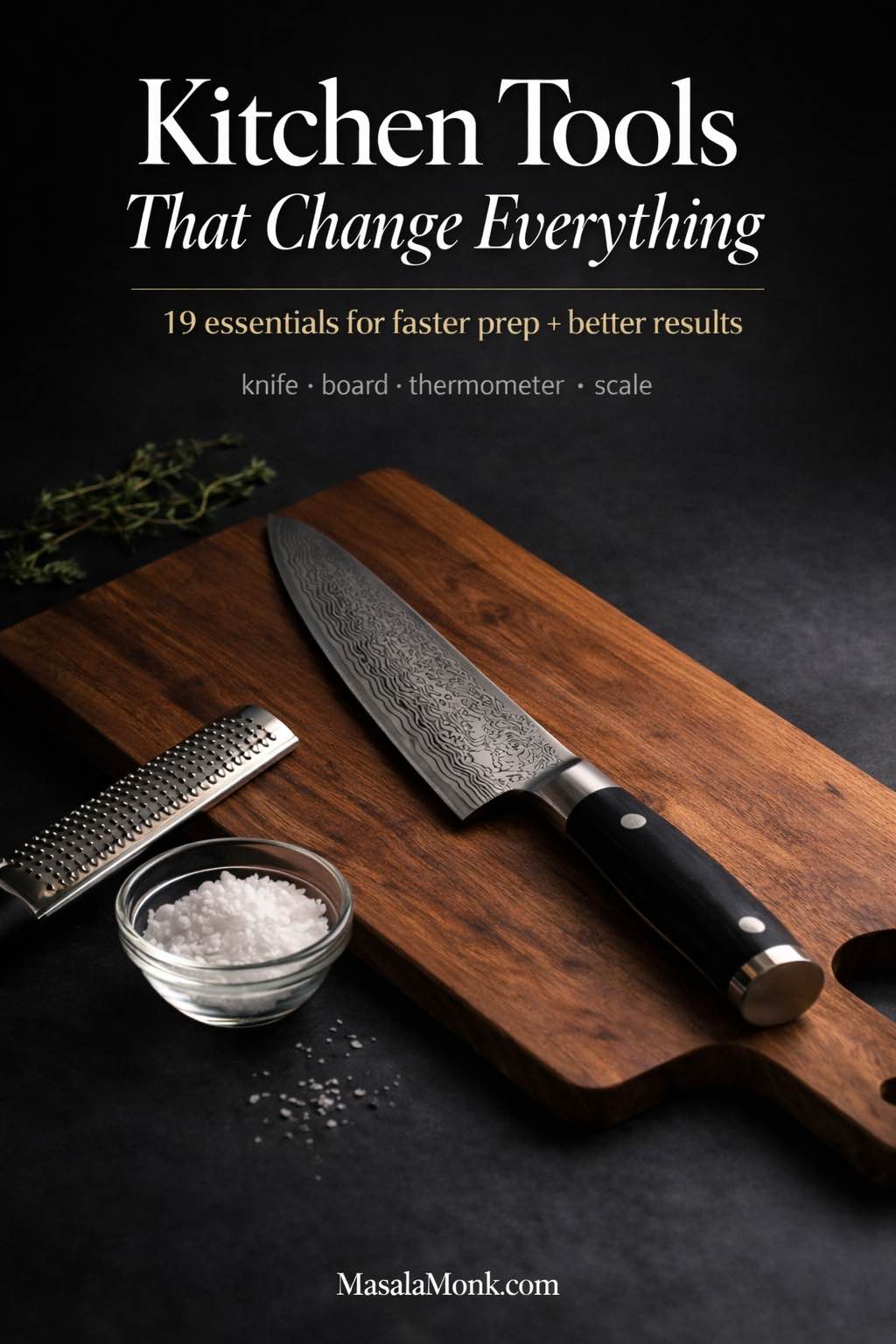 Photorealistic magazine-style cover showing premium kitchen tools on a dark stone surface: chef’s knife on a wooden cutting board with a microplane grater and bowl of flaky salt, titled “Kitchen Tools That Change Everything,” with MasalaMonk.com in the footer.