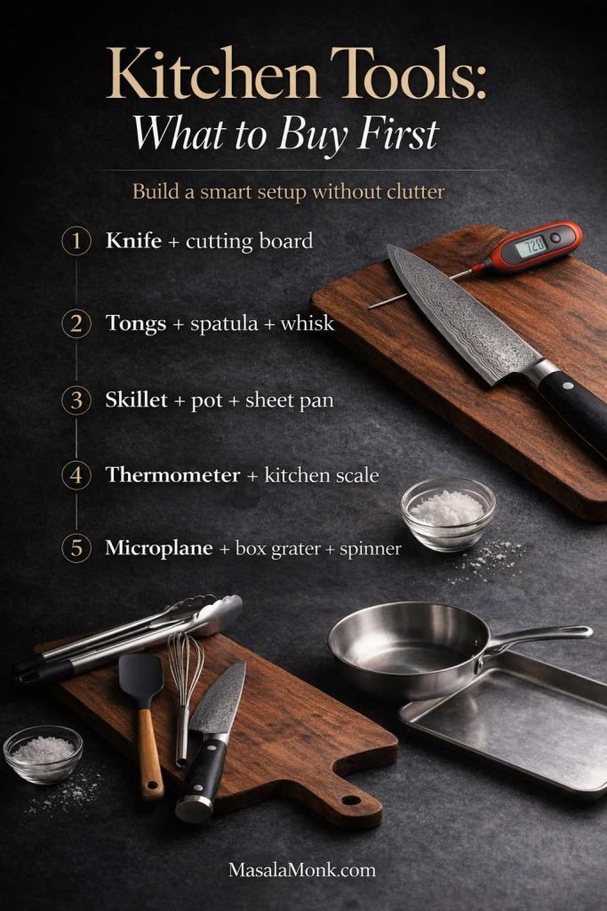 Infographic titled “Kitchen Tools: What to Buy First” on a dark countertop, listing a 5-step buying order (knife and cutting board; tongs, spatula, whisk; skillet, pot, sheet pan; thermometer and kitchen scale; microplane, box grater, salad spinner) with photoreal tools and MasalaMonk.com in the footer.