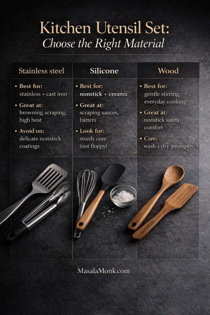 Infographic titled “Kitchen Utensil Set: Choose the Right Material” comparing stainless steel, silicone, and wood kitchen tools, with best uses and care tips, shown on a dark stone background with utensil photos and MasalaMonk.com in the footer.