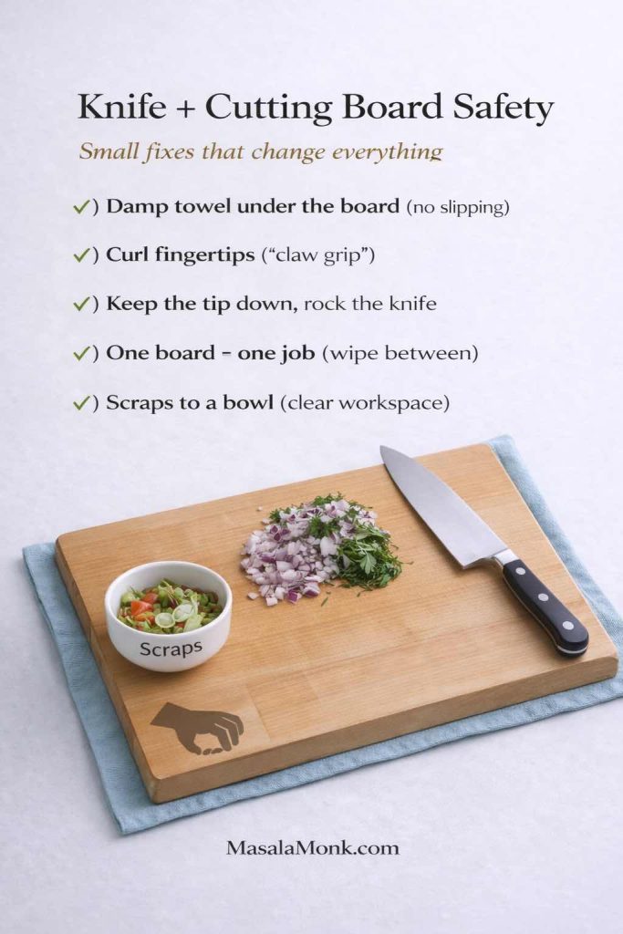 Infographic titled “Knife + Cutting Board Safety” listing five prep tips (damp towel under board, claw grip, keep tip down, one board one job, scraps to a bowl) with a chef’s knife on a wooden cutting board over a blue towel and a small “scraps” bowl, plus MasalaMonk.com in the footer.